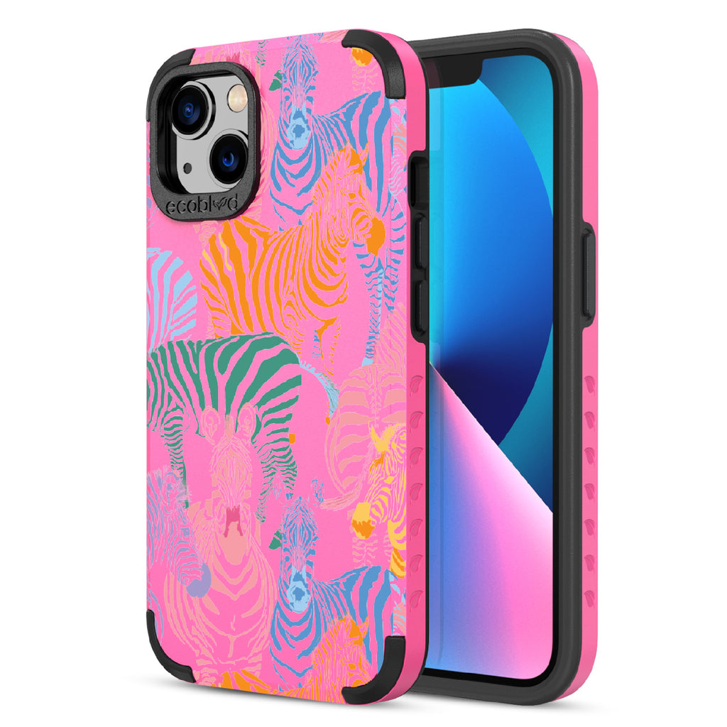 Colorful Herd - Back Of Pink & Eco-Friendly Rugged iPhone 13 Case & A Front View Of The Screen