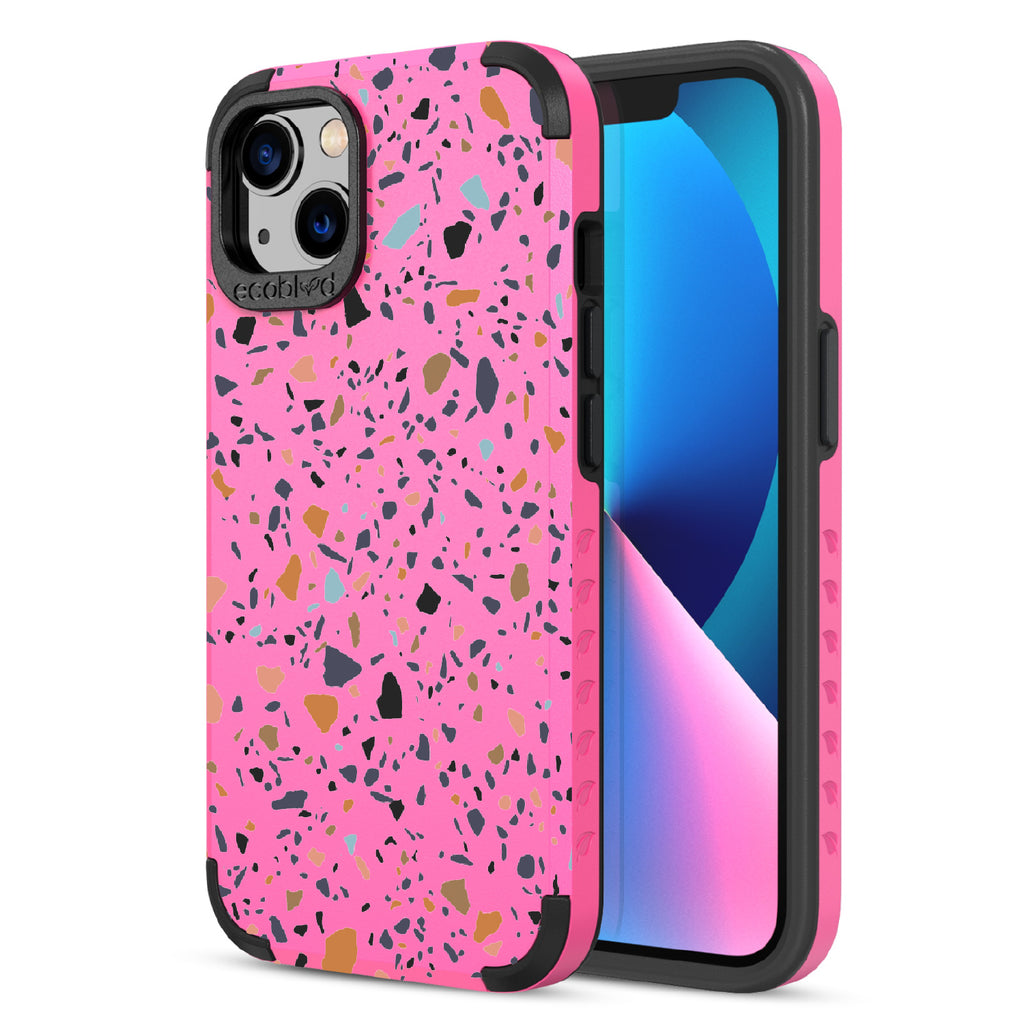Terrazzo - Back Of Pink & Eco-Friendly Rugged iPhone 13 Case & A Front View Of The Screen