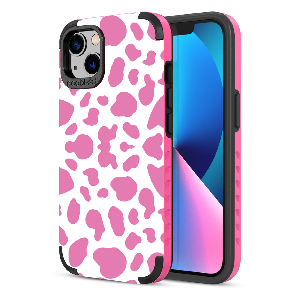 Cow Print - Back View Of Pink & Eco-Friendly Rugged iPhone 13 Case & A Front View Of The Screen