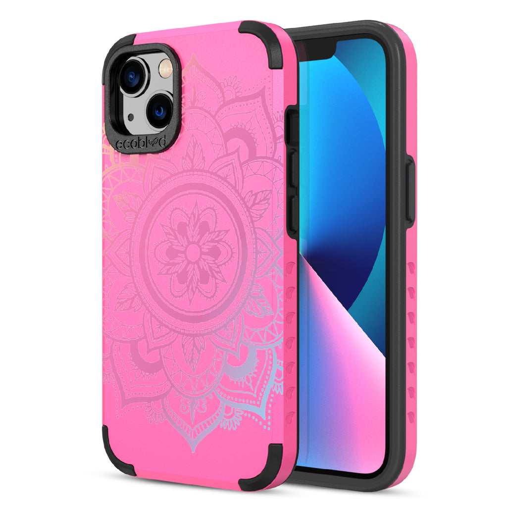 Mandala - Back View Of Pink & Eco-Friendly Rugged iPhone 13 Case & A Front View Of The Screen