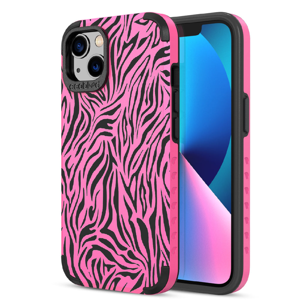 Zebra Print - Back View Of Pink & Eco-Friendly Rugged iPhone 13 Case & A Front View Of The Screen