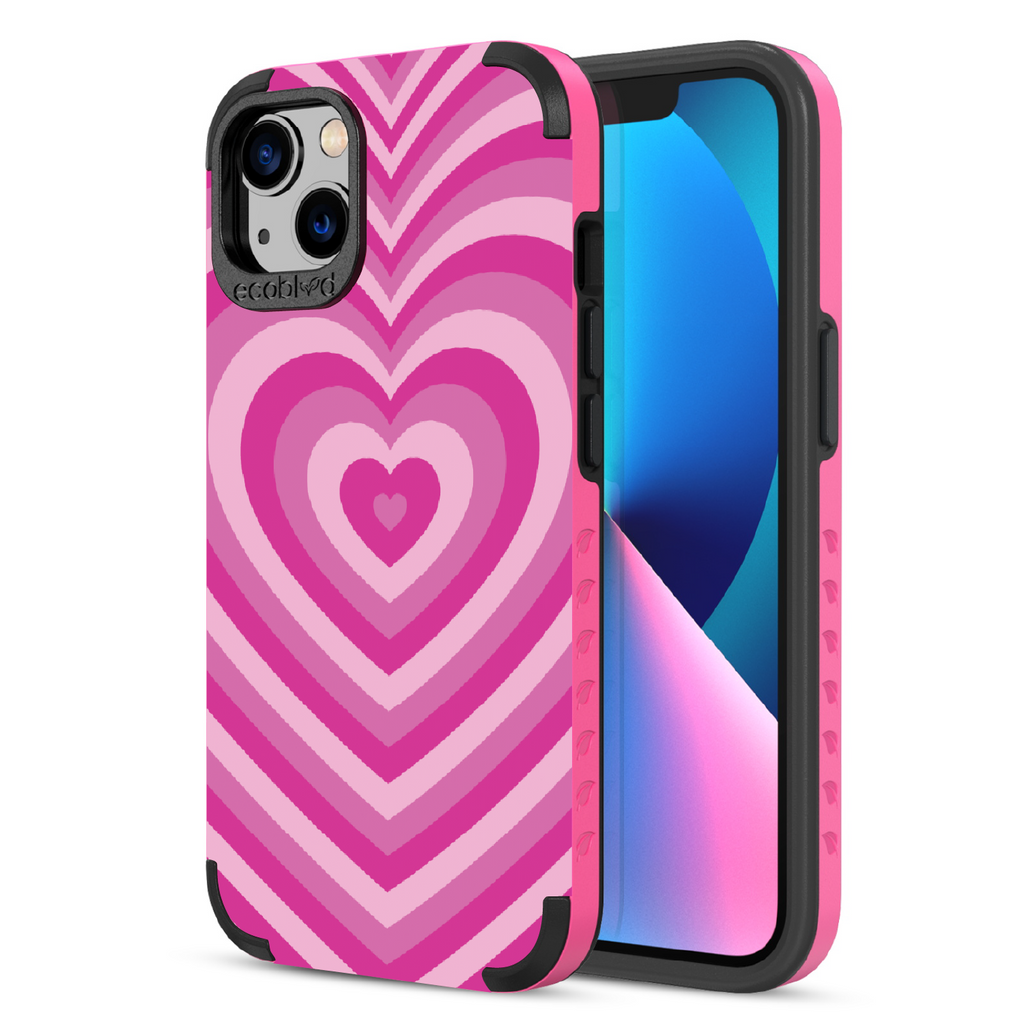 Tunnel Of Love  - Back View Of Pink & Eco-Friendly Rugged iPhone 13 Case & A Front View Of The Screen