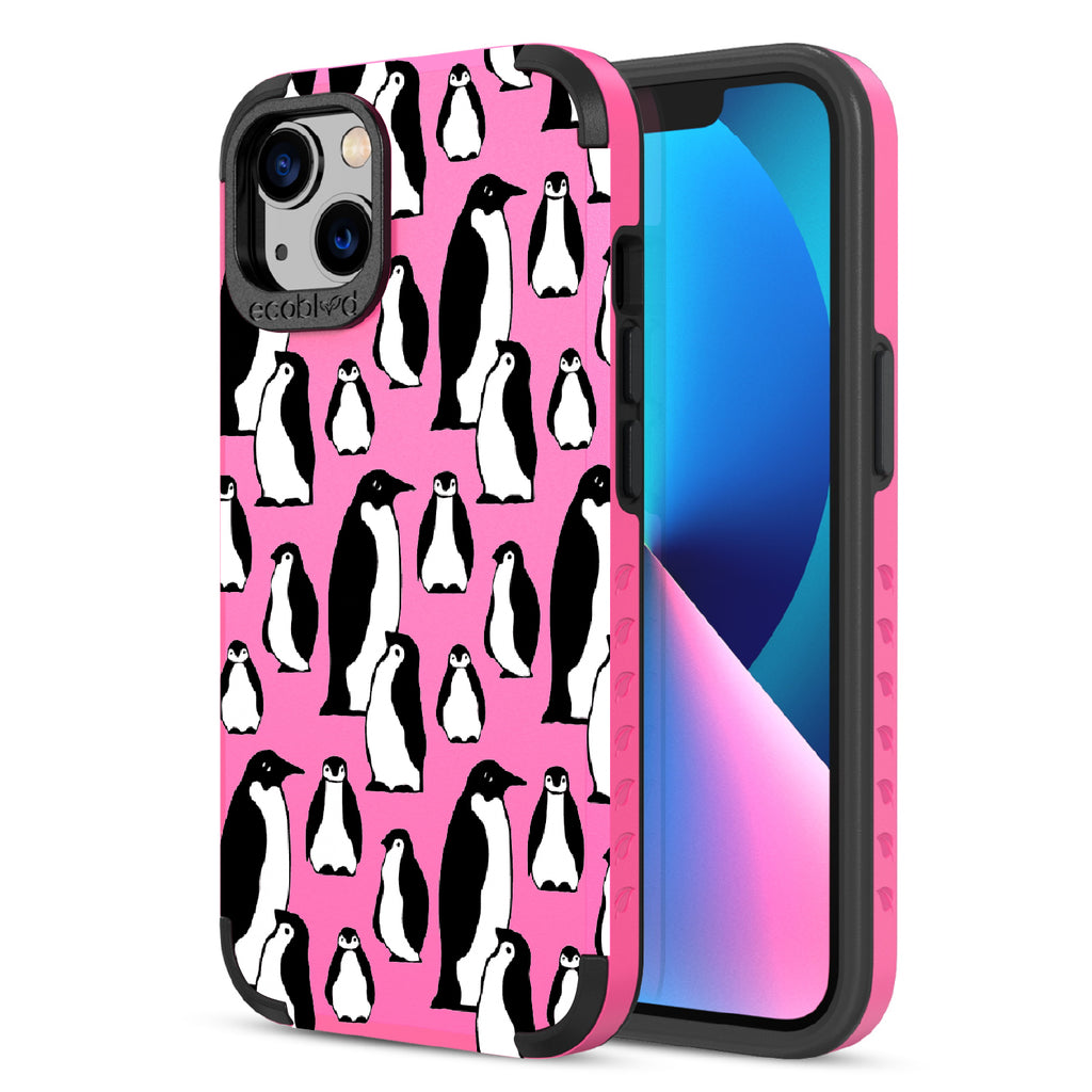 Penguins - Back Of Pink & Eco-Friendly Rugged iPhone 13 Case & A Front View Of The Screen