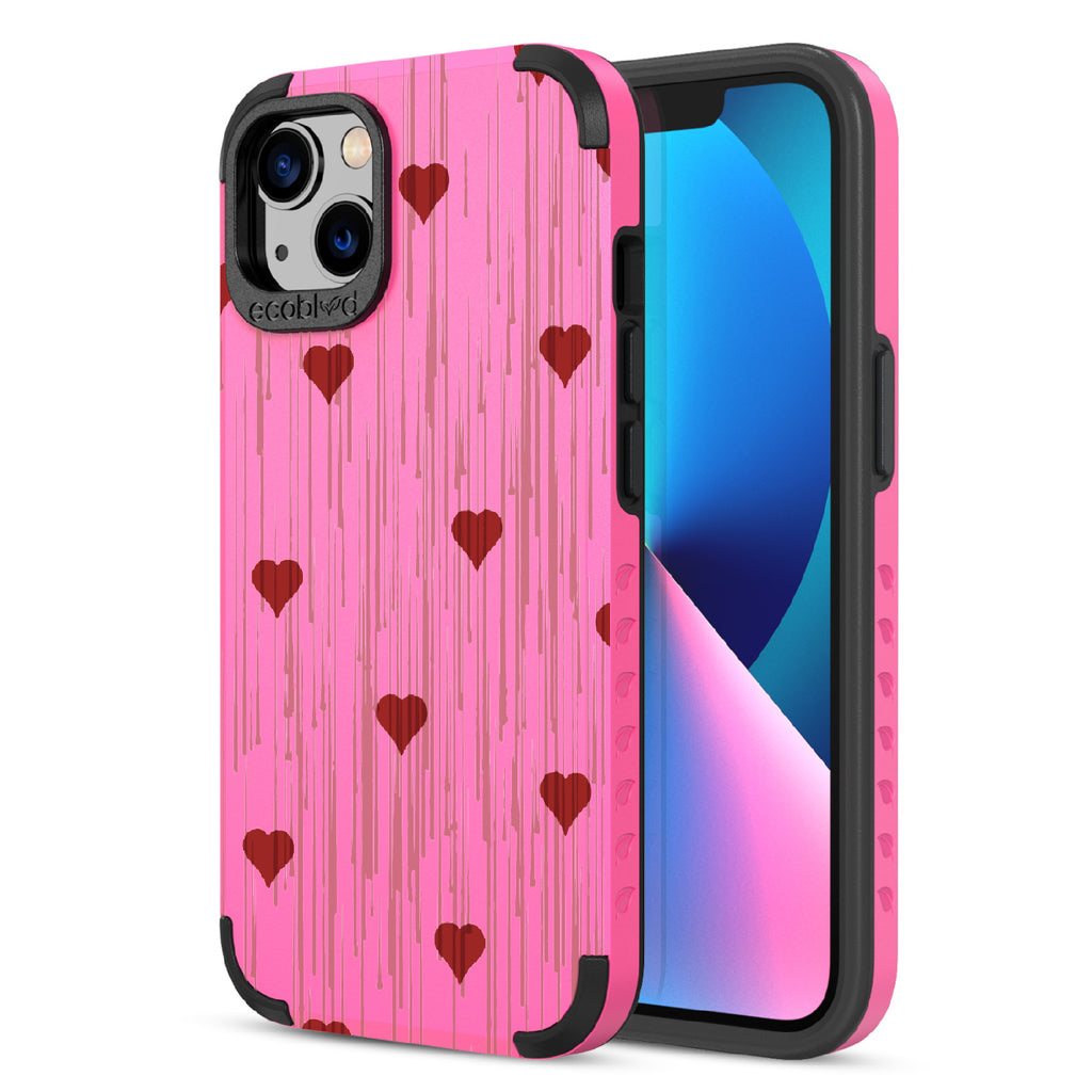  Bleeding Hearts - Back View Of Pink Eco-Friendly iPhone 13 Rugged Case & Front View Of Screen