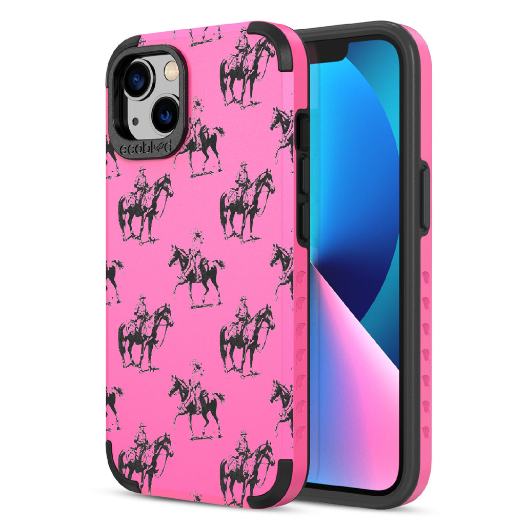 Horsin' Around - Back View Of Pink & Eco-Friendly Rugged iPhone 13 Case & A Front View Of The Screen