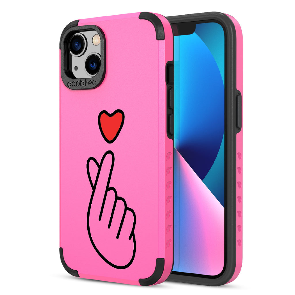 Finger Heart - Back View Of Pink & Eco-Friendly Rugged iPhone 13 Case & A Front View Of The Screen