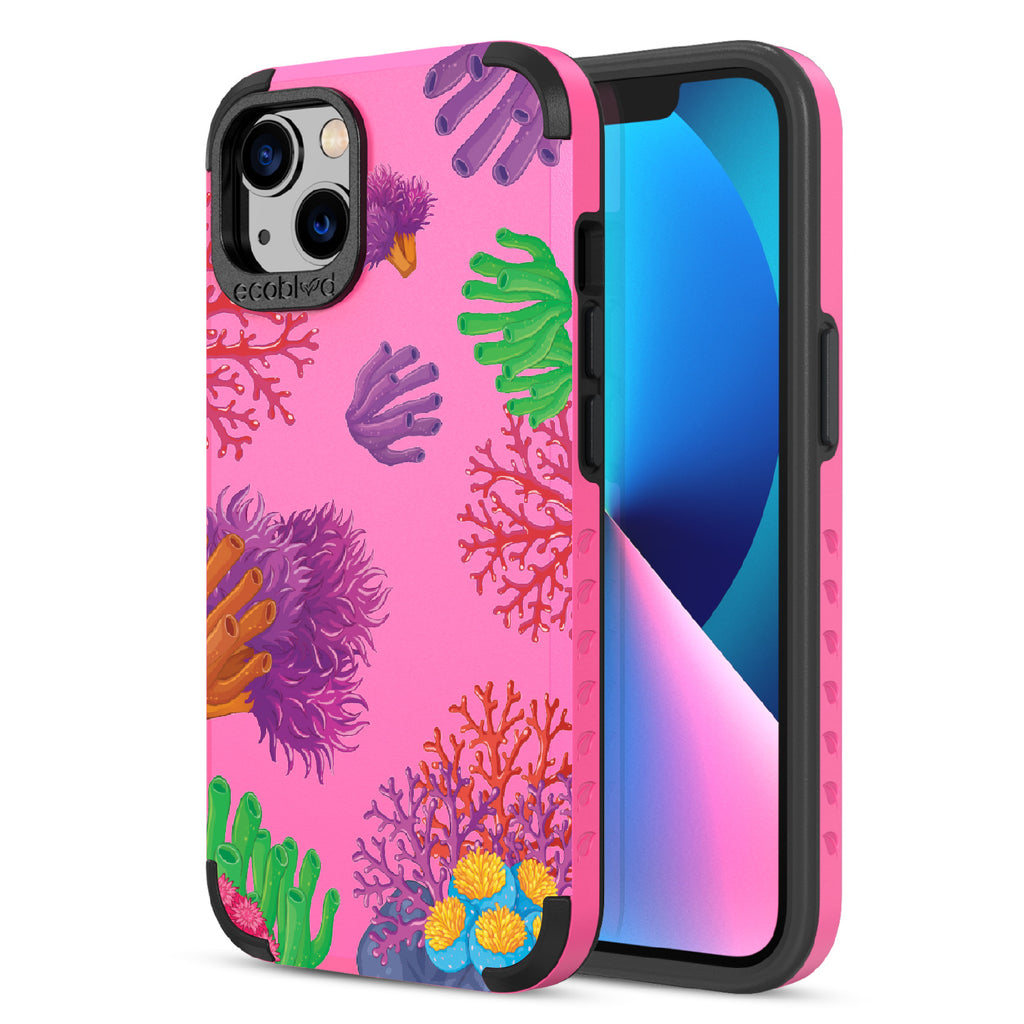 Coral Reef - Back View Of Pink & Eco-Friendly Rugged iPhone 13 Case & A Front View Of The Screen