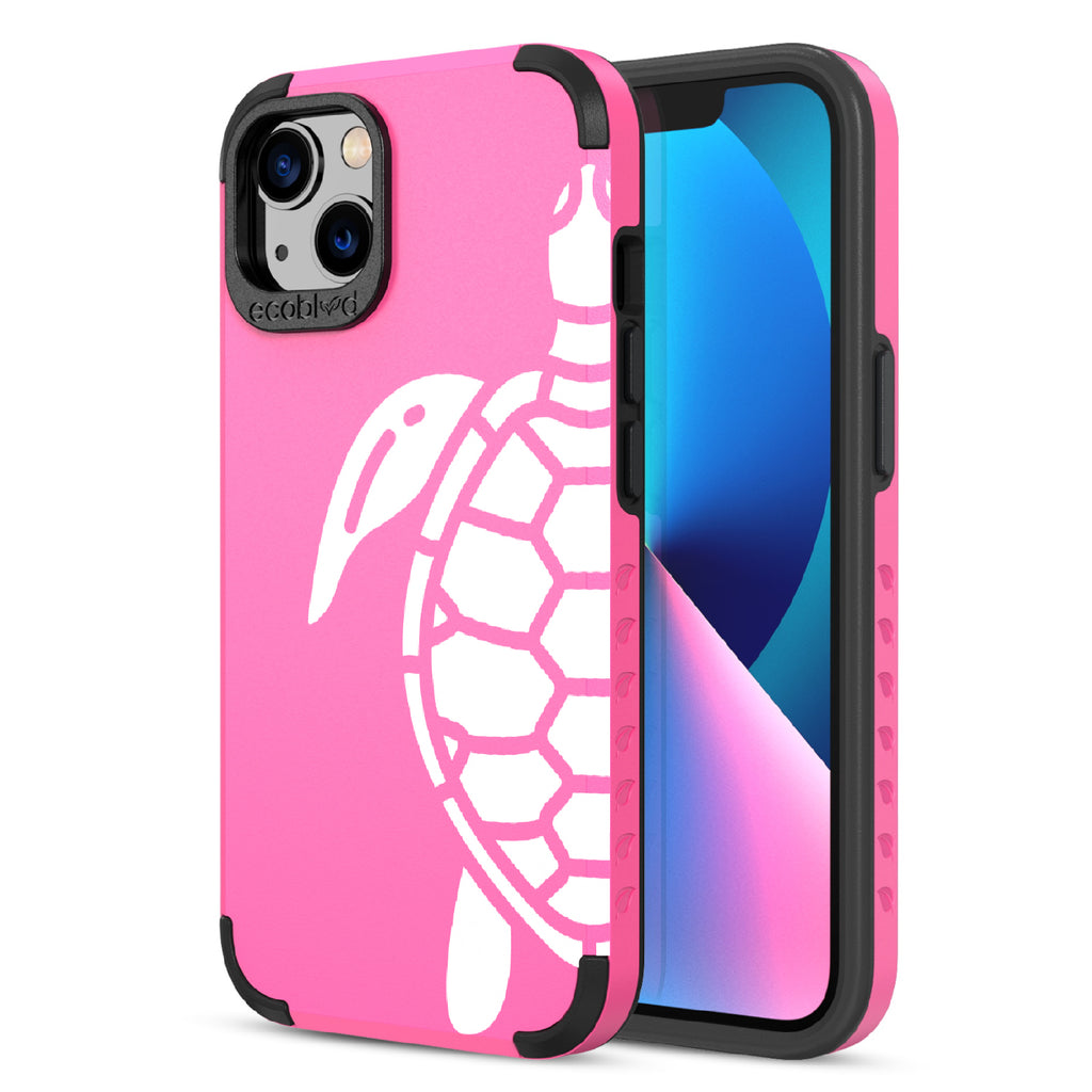 Sea Turtle - Back View Of Pink & Eco-Friendly Rugged iPhone 13 Case & A Front View Of The Screen