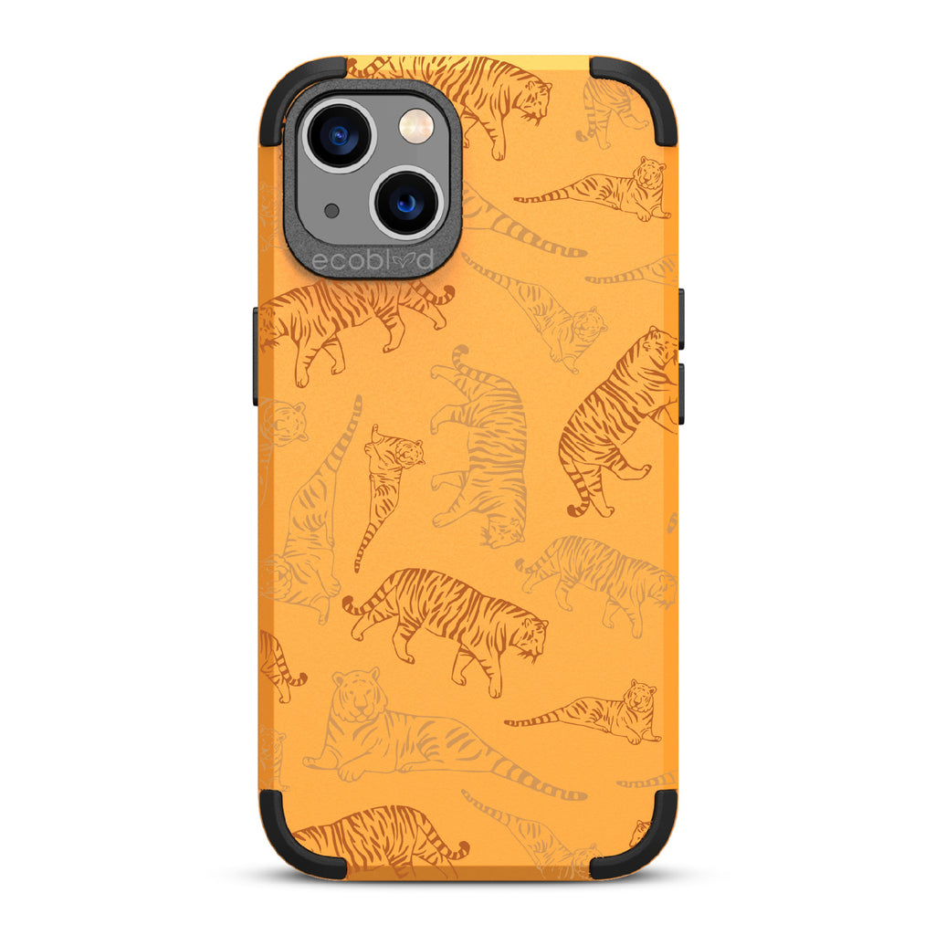 Tiger Pride - Yellow Rugged Eco-Friendly iPhone 13 Case With Jungle Leaves & Orange / Yellow Tiger Outlines On Back
