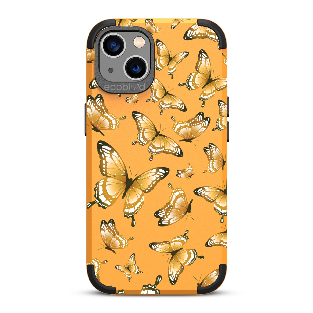 Social Butterfly - Yellow Rugged Eco-Friendly iPhone 13 Case With Colorful Butterflies On Back