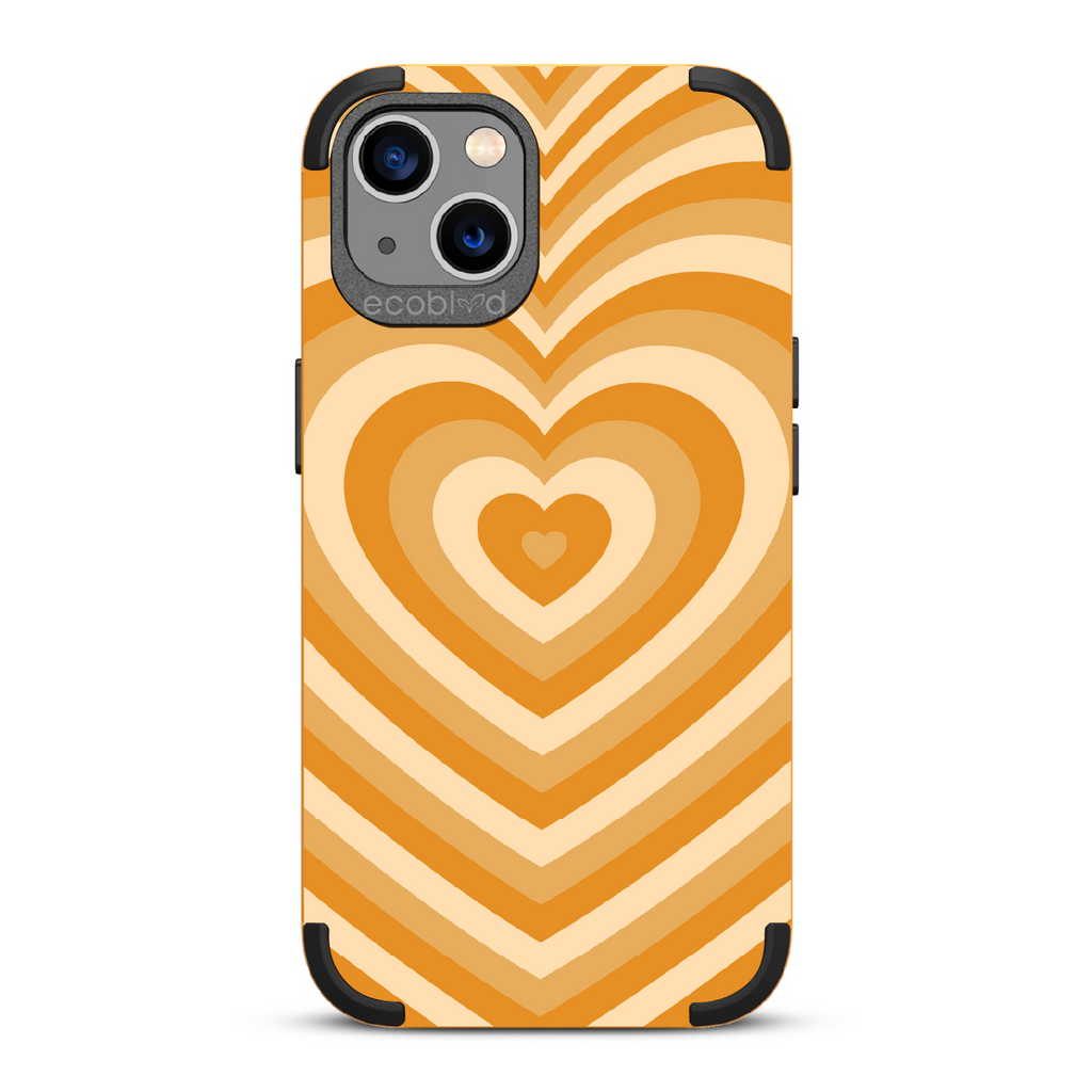 Tunnel Of Love - Yellow Rugged Eco-Friendly iPhone 13 Case With A Small Heart Gradually Growing Larger On Back