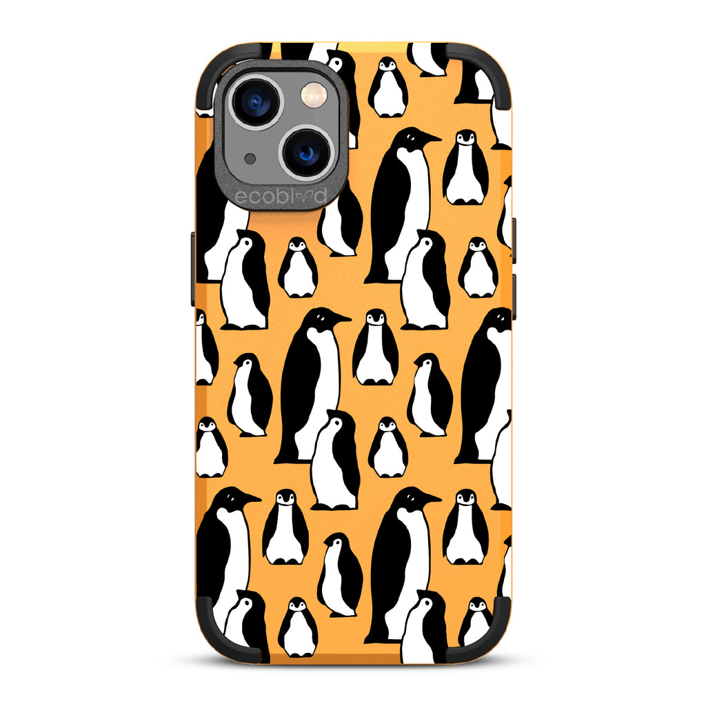 Penguins - Yellow Rugged Eco-Friendly iPhone 13 Case With A Waddle Of Penguins