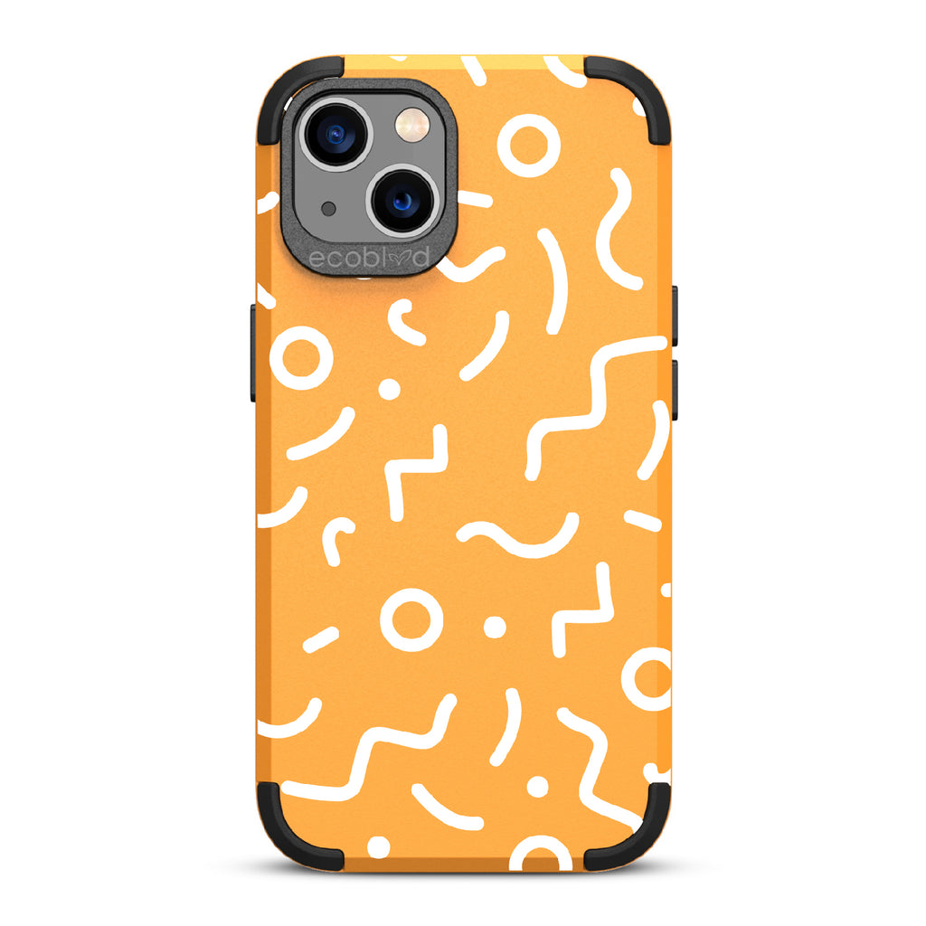 90's Kids  - Yellow Rugged Eco-Friendly iPhone 13 Case With Retro 90's Lines & Squiggles On Back