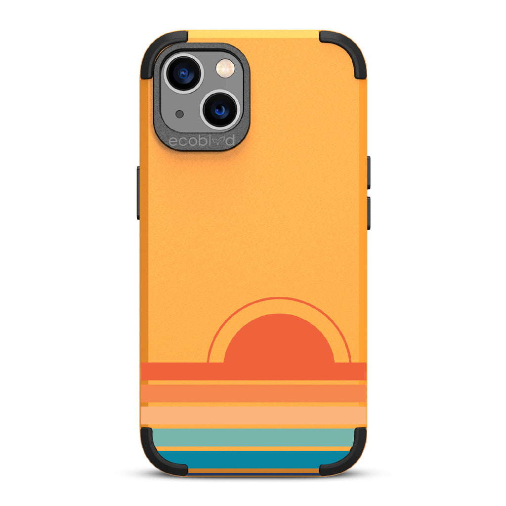Rise N' Shine  - Yellow Rugged Eco-Friendly iPhone 13 Case With A Sun Rising From Rainbow Stripes On Back