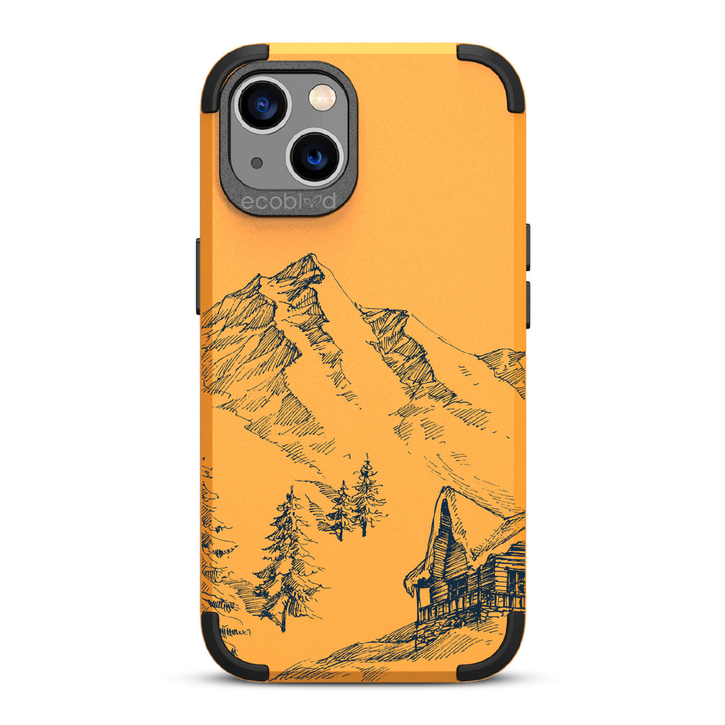 Cabin Retreat - Yellow Rugged Eco-Friendly iPhone 13 Case With Hand-Drawn Snowy Mountainside Wood Cabin