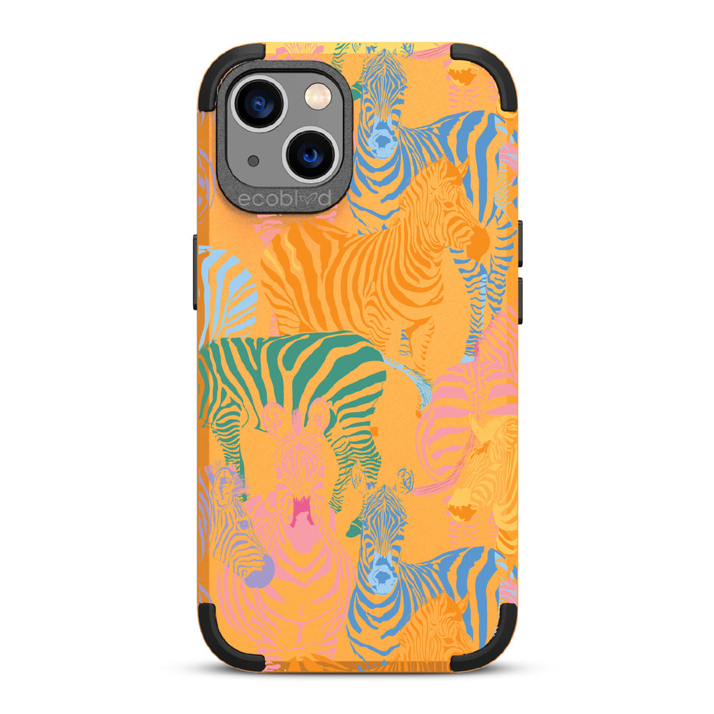 Colorful Herd - Yellow Rugged Eco-Friendly iPhone 13 Case With Zebras in Multiple Colors