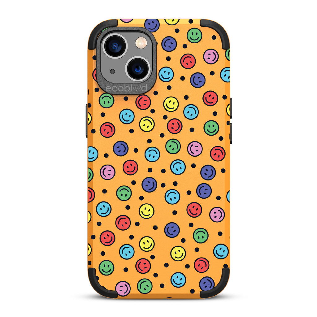 All Smiles - Yellow Rugged Eco-Friendly iPhone 13 Case With Multicolored Smiley Faces & Black Dots On Back