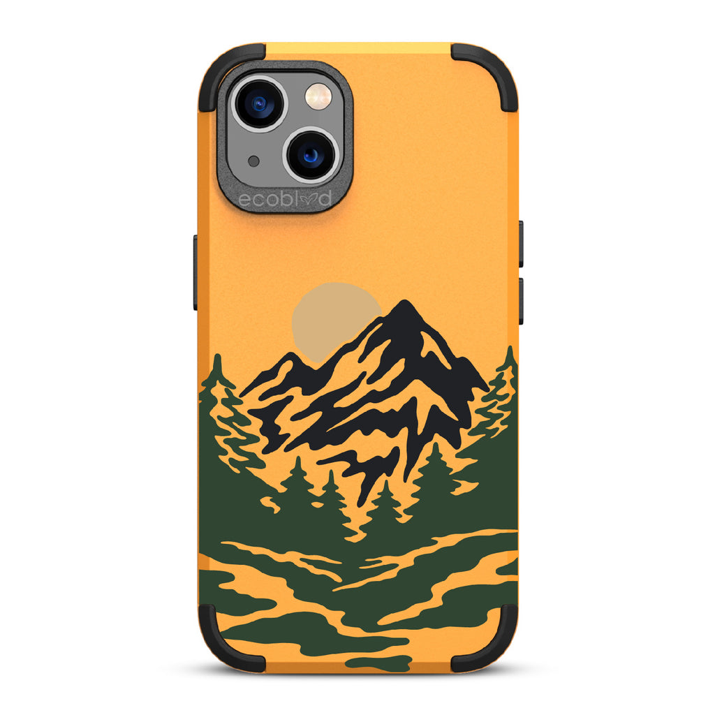 Mountains - Yellow Rugged Eco-Friendly iPhone 13 Case With A Minimalist Moonlit Mountain Landscape On Back