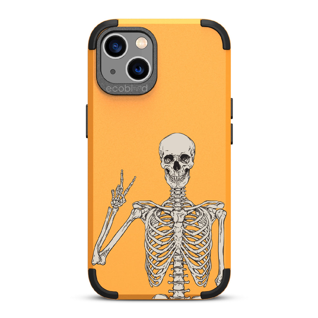 Creeping It Real - Yellow Rugged Eco-Friendly iPhone 13 Case With Skeleton Giving A Peace Sign On Back