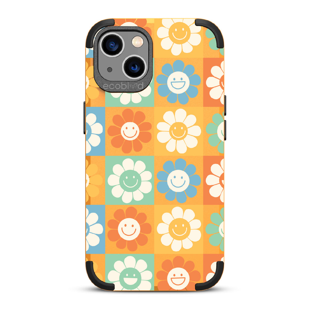 Flower Power - Yellow Rugged Eco-Friendly iPhone 13 Case With70's Gingham Cartoon Flowers W/ Smiley Faces On Back
