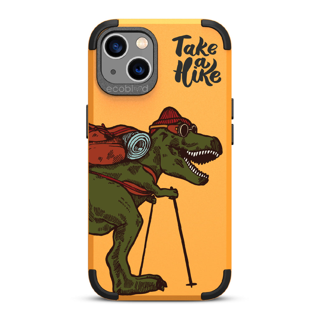 Take A Hike - Yellow Rugged Eco-Friendly iPhone 13 Case With A Trail-Ready T-Rex And A Quote Saying Take A Hike On Back