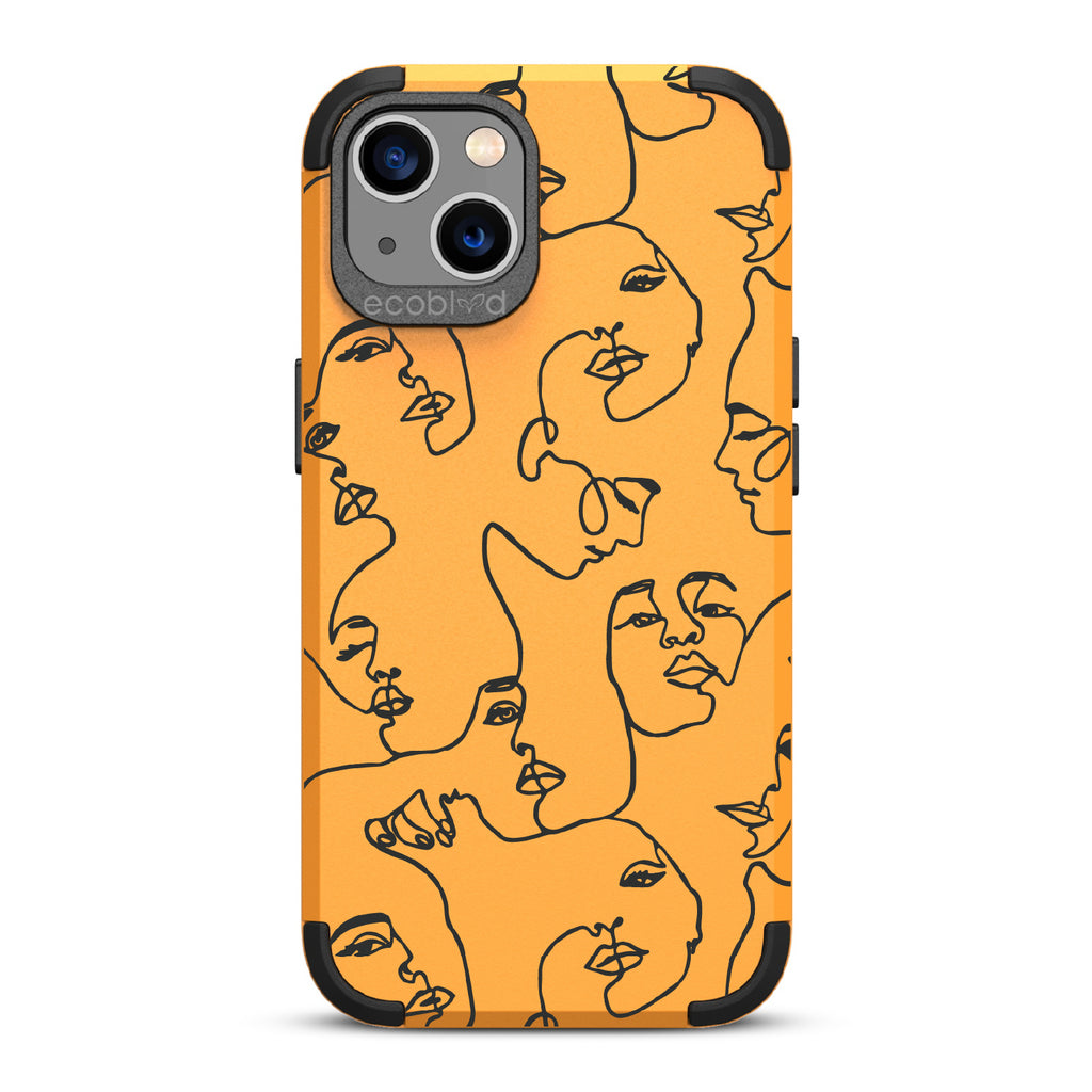 Delicate Touch - Yellow Rugged Eco-Friendly iPhone 13 Case With Line Art Of A Woman???? Face On Back