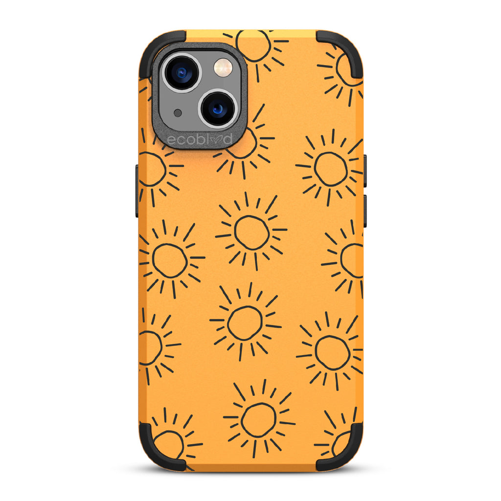 Sun - Yellow Rugged Eco-Friendly iPhone 13 Case With Hand-Drawn Suns On Back