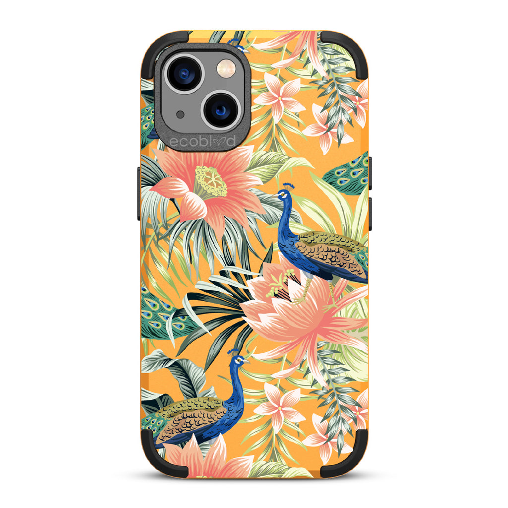 Peacock Palace - Yellow Rugged Eco-Friendly iPhone 13 Case With Peacocks + Colorful Tropical Fauna On Back