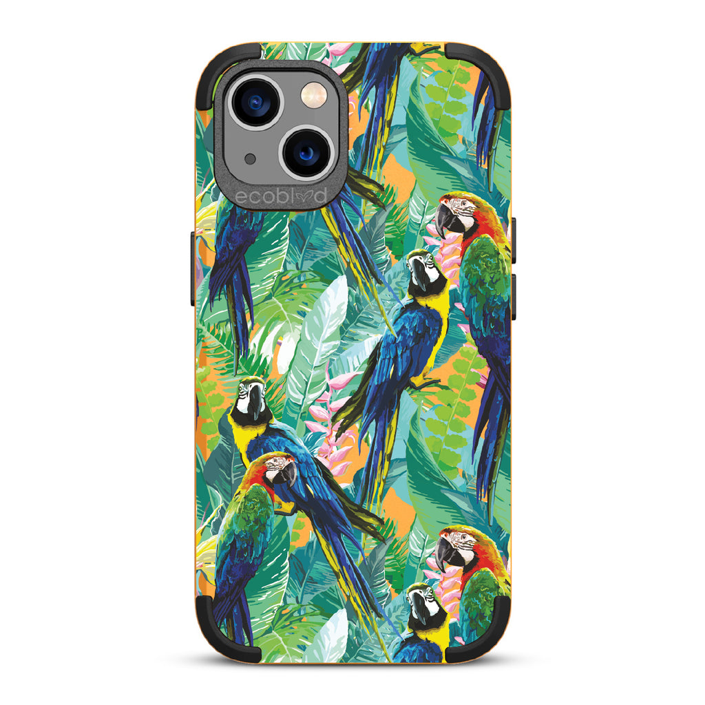 Macaw Medley - Yellow Rugged Eco-Friendly iPhone 13 Case With Macaws & Tropical Leaves On Back