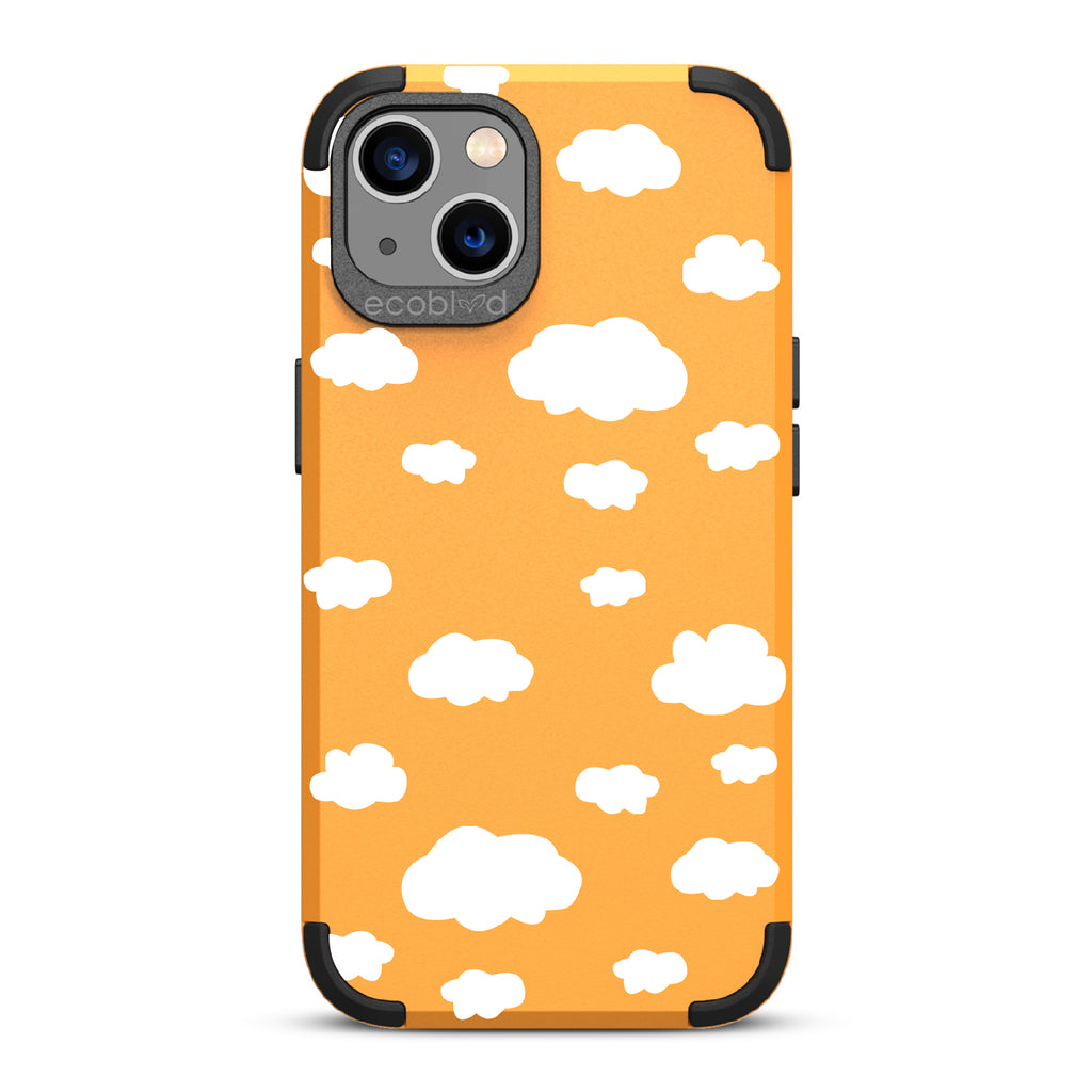 Clouds - Yellow Rugged Eco-Friendly iPhone 13 Case With A Fluffy White Cartoon Clouds Print On Back