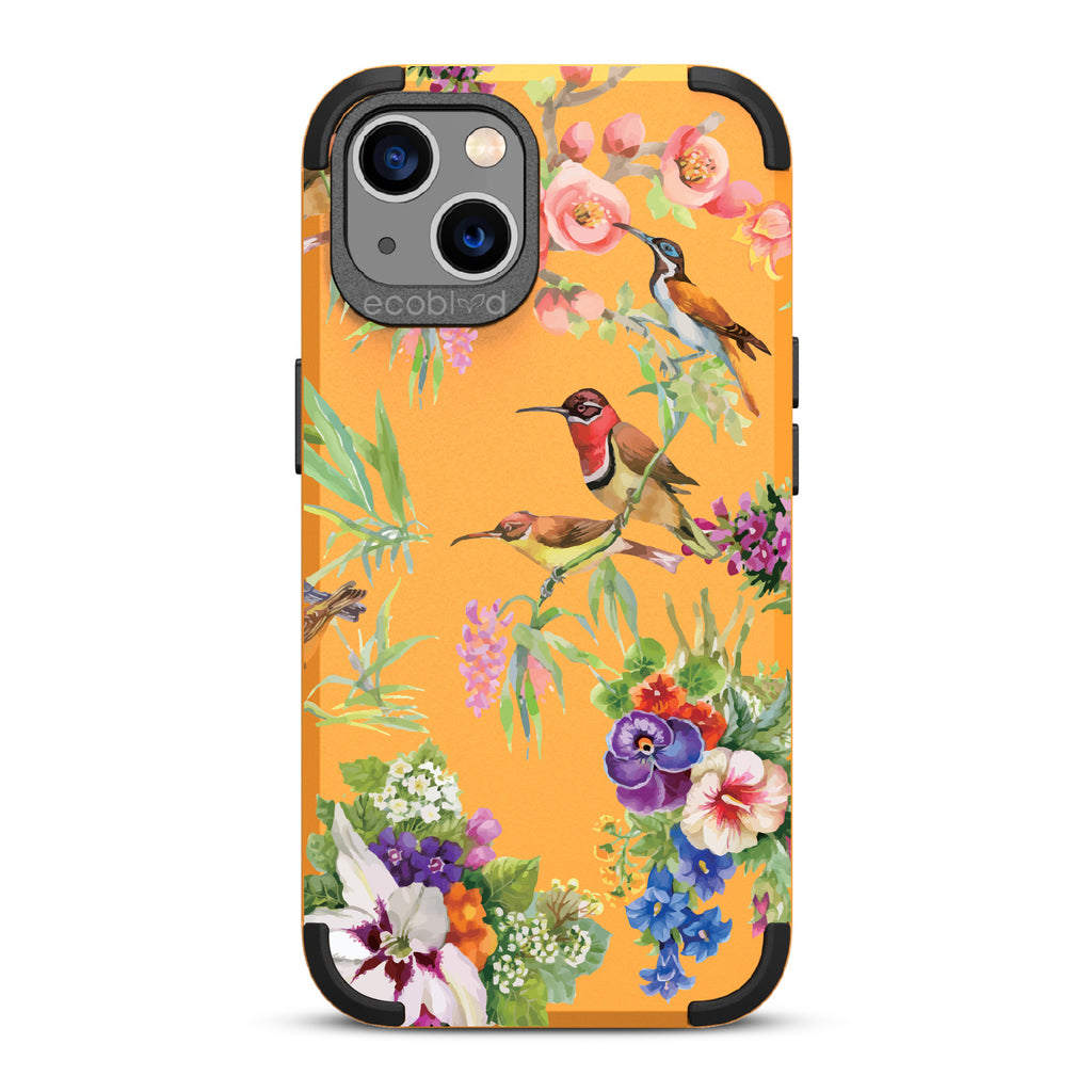 Sweet Nectar - Yellow Rugged Eco-Friendly iPhone 13 With Hummingbirds, Colorful Garden Flowers