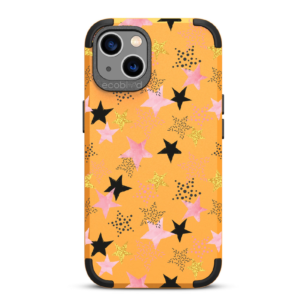 Champagne Supernova - Yellow Rugged Eco-Friendly iPhone 13 Case With Pink, Black & Gold Stars In Solid & Polka Dot Patterns