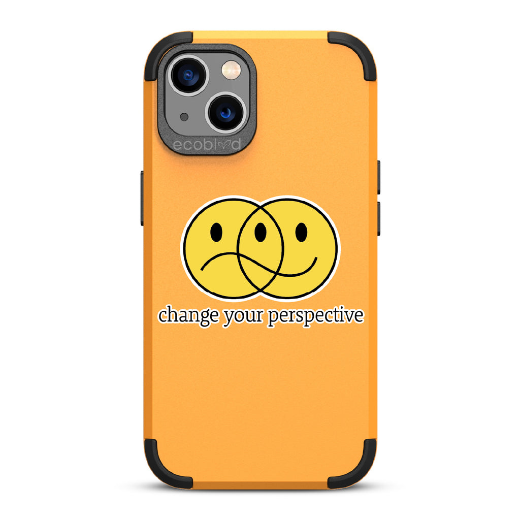 Perspective - Yellow Rugged Eco-Friendly iPhone 13 Case With A Happy/Sad Face & Change Your Perspective On Back