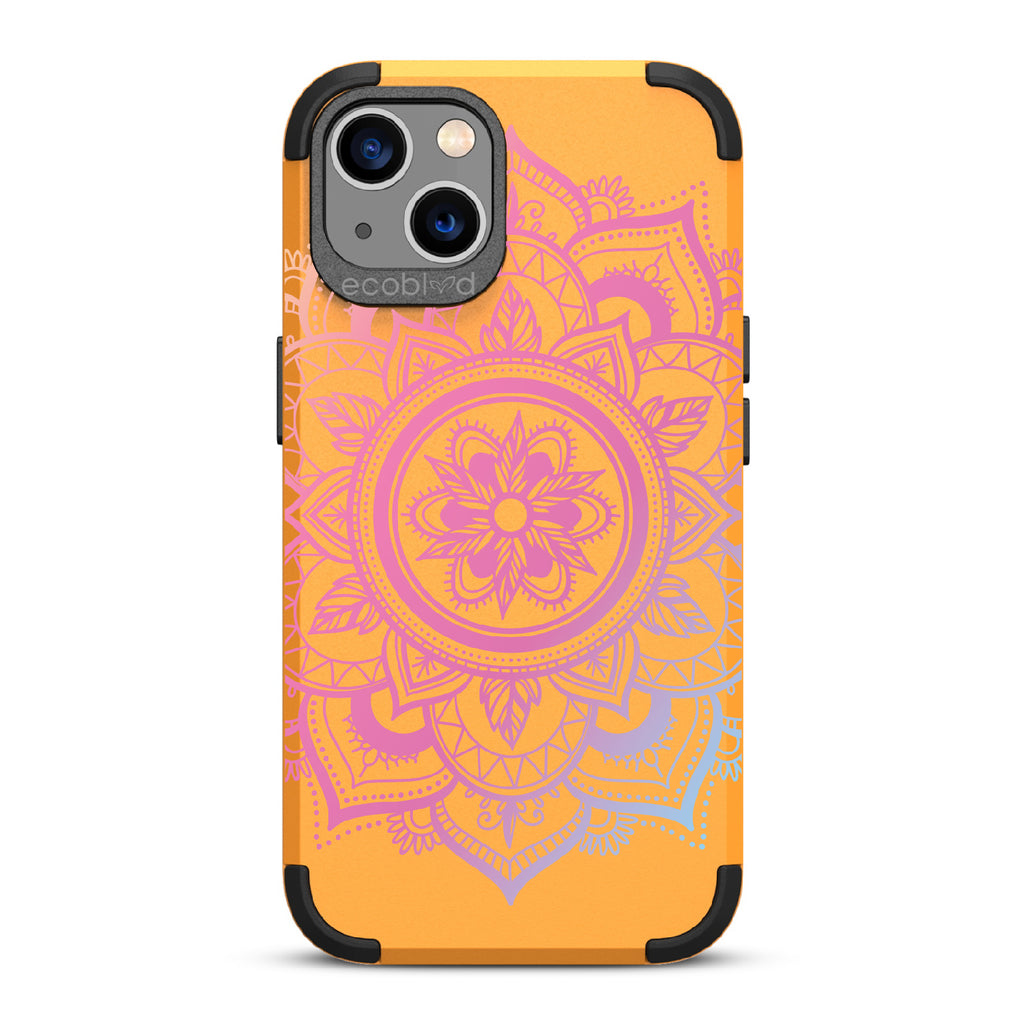 Mandala - Yellow Rugged Eco-Friendly iPhone 13 Case With A Pink Lotus Flower Mandala On Back