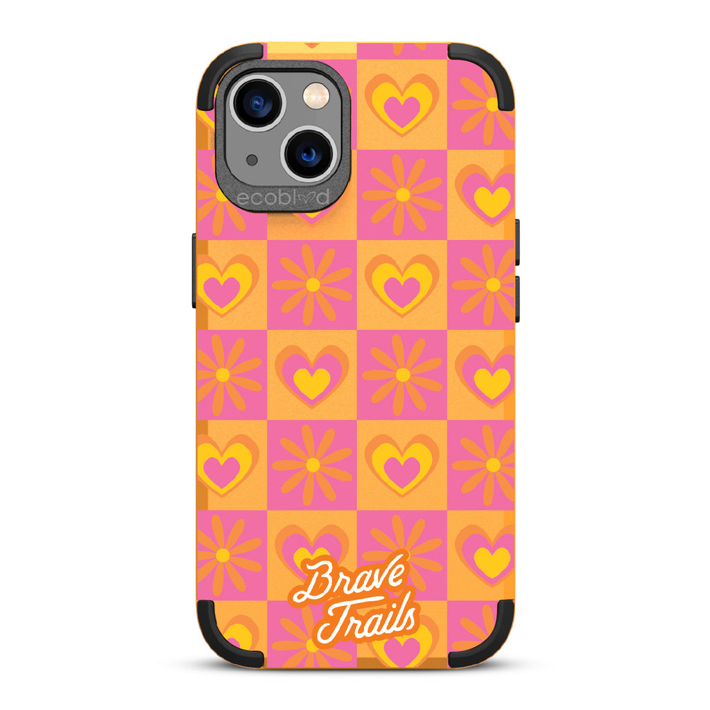 Free Spirit X Brave Trails - Yellow Rugged Eco-Friendly iPhone 13 Case With Pink Checkered Hearts & Flowers