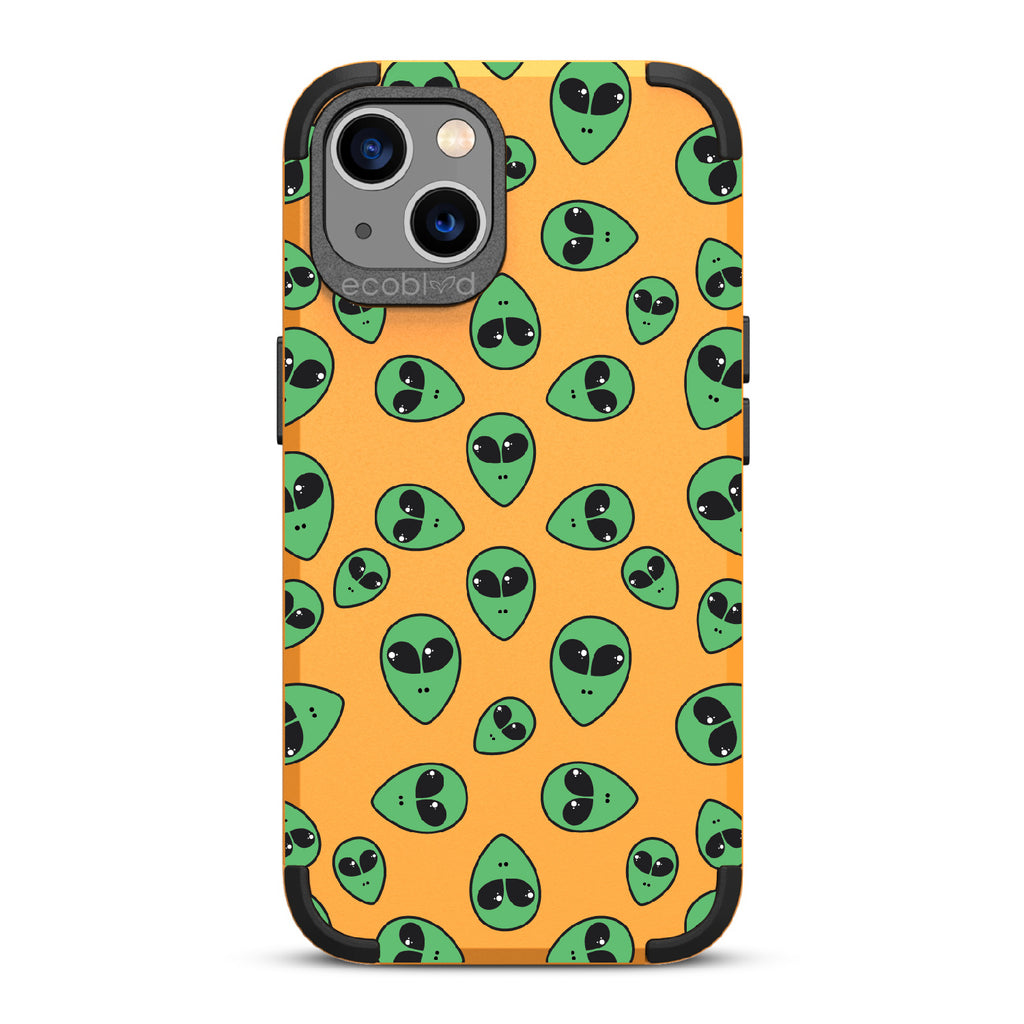 Aliens - Yellow Rugged Eco-Friendly iPhone 13 Case With Green Cartoon Alien Heads On Back