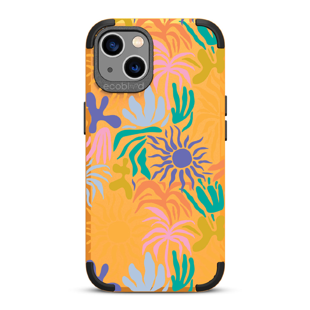Sun-Kissed - Yellow Rugged Eco-Friendly iPhone 13 Case With Sunflower Print + The Sun As The Flower On Back