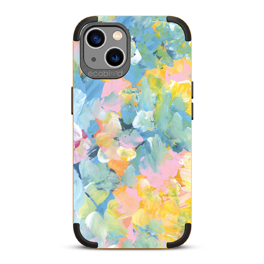 Spring Feeling - Yellow Rugged Eco-Friendly iPhone 13 Case With Pastel Acrylic Abstract Paint Smears & Blots On Back