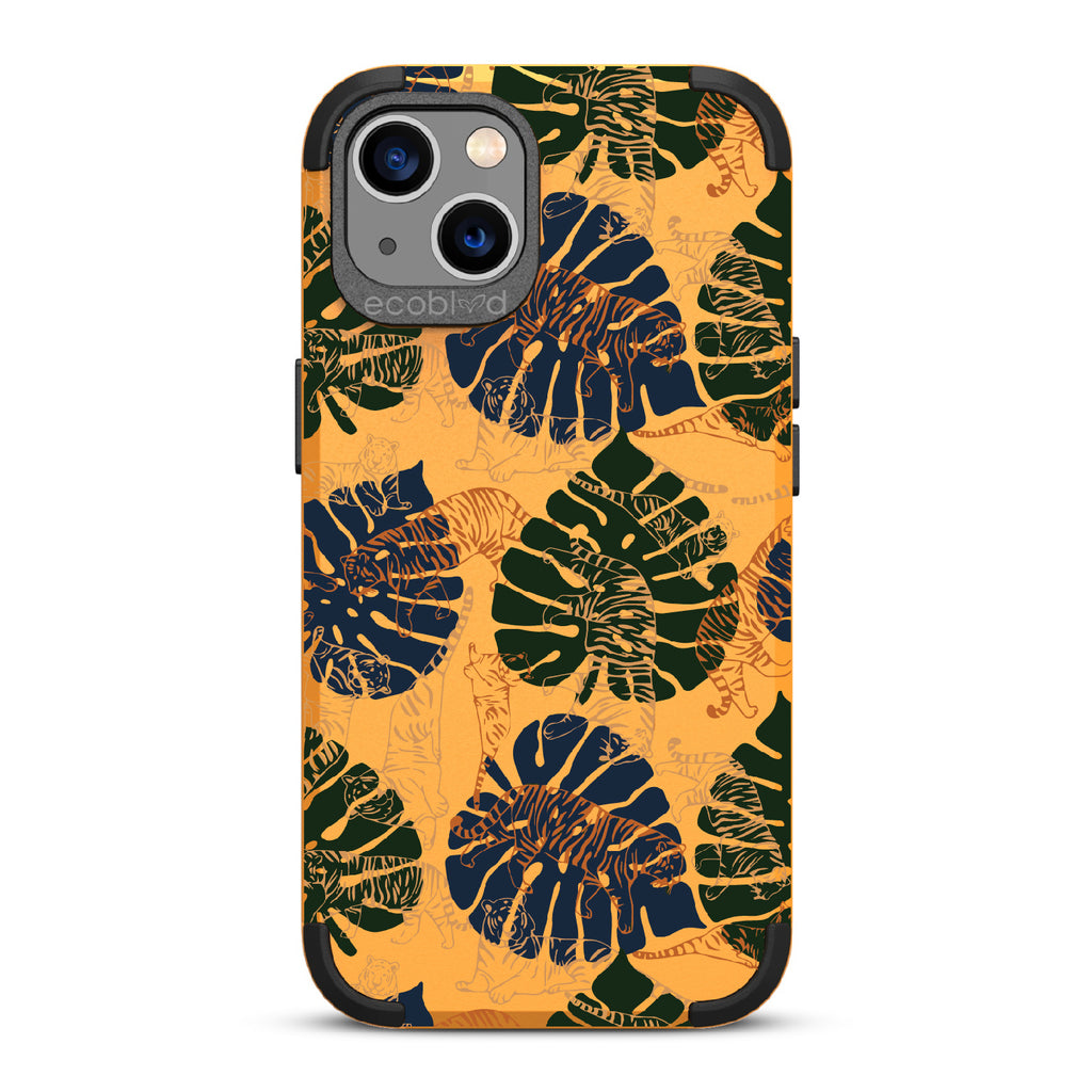 Tropic Roar - Yellow Rugged Eco-Friendly iPhone 13 Case WithJungle Leaves & Orange / Yellow Tiger Outlines On Back