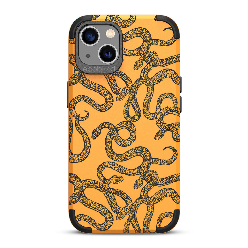 Slithering Serpent - Yellow Rugged Eco-Friendly iPhone 13 Case With Diamondback Snakes On Back