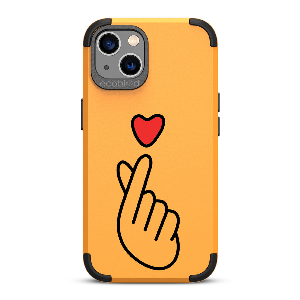 Finger Heart - Yellow Rugged Eco-Friendly iPhone 13 Case With Red Heart Above Hand With Index Finger & Thumb Crossed On Back