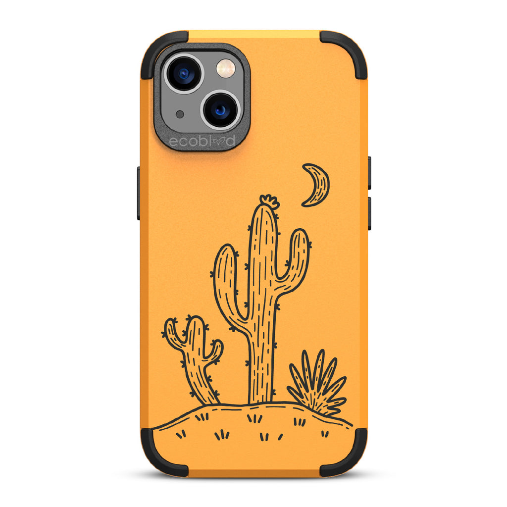 Sagebrush  - Yellow Rugged Eco-Friendly iPhone 13 Case With Cartoon Cacti Under A Crescent Moon On Back