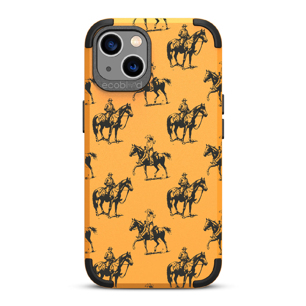 Horsin' Around  - Yellow Rugged Eco-Friendly iPhone 13 Case With Cowboys On Horseback On Back