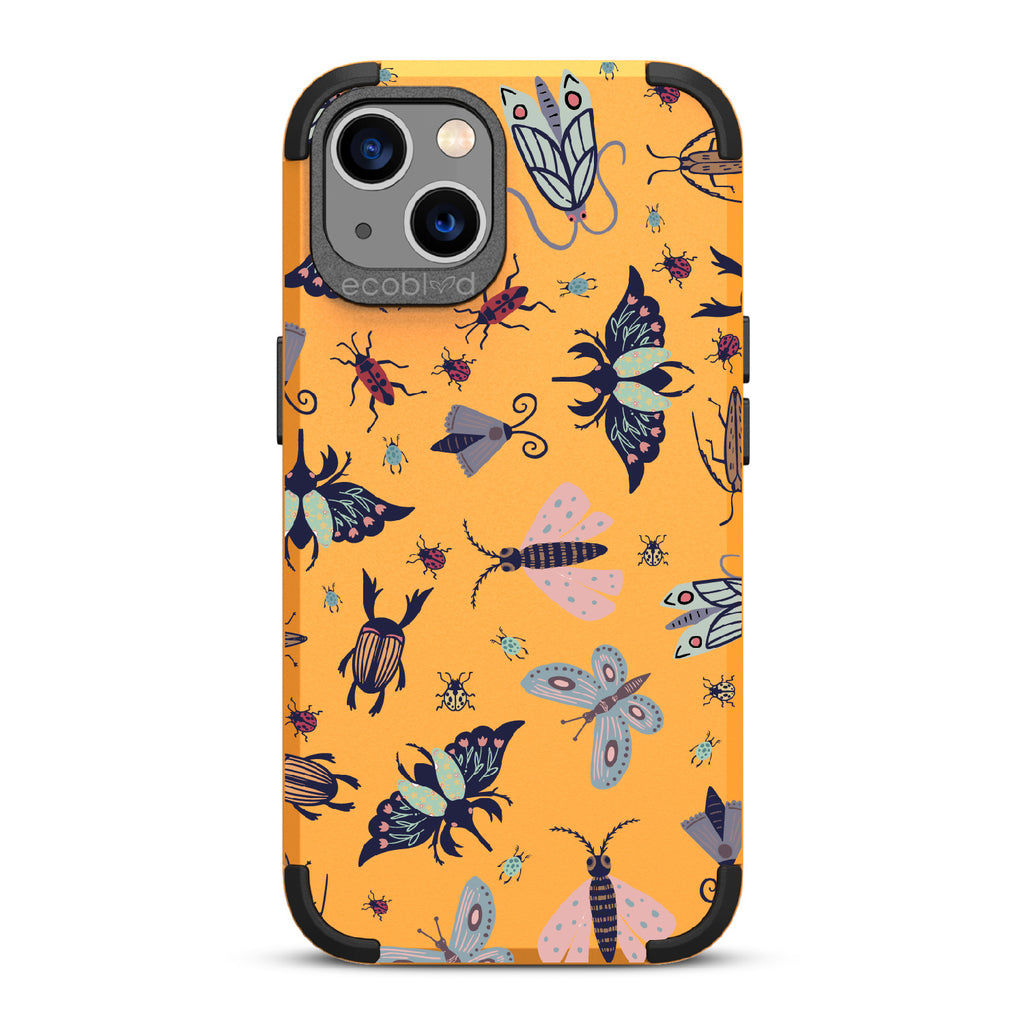 Bug Out - Yellow Rugged Eco-Friendly iPhone 13 Case With Butterflies, Moths, Dragonflies, And Beetles On Back