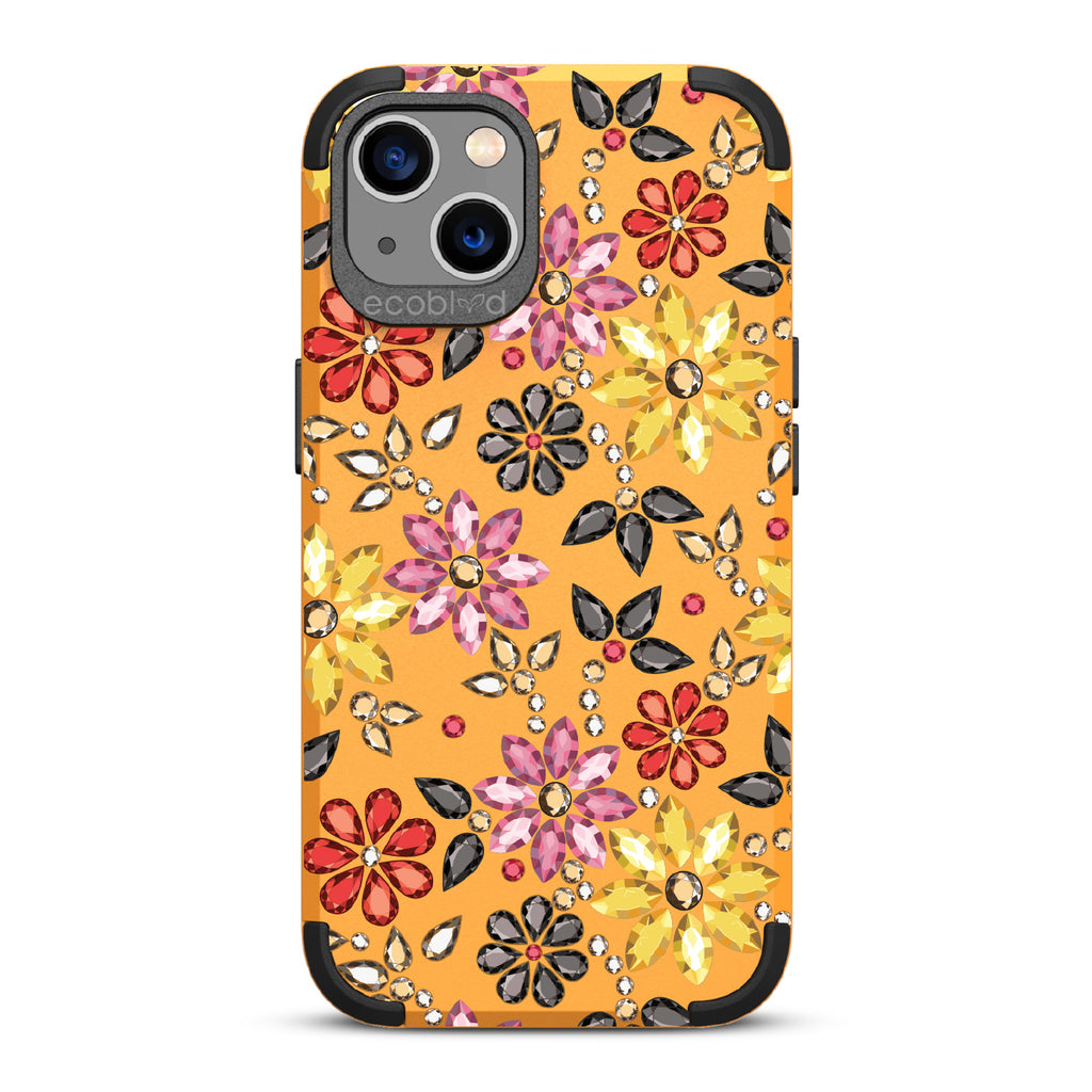 Bejeweled - Rhinestone Jewels In Floral Patterns - Yellow Eco-Friendly Rugged iPhone 13 Case 