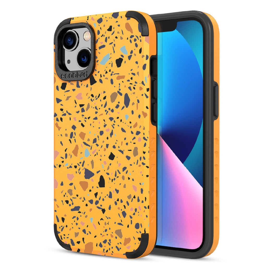Terrazzo - Back Of Yellow & Eco-Friendly Rugged iPhone 13 Case & A Front View Of The Screen