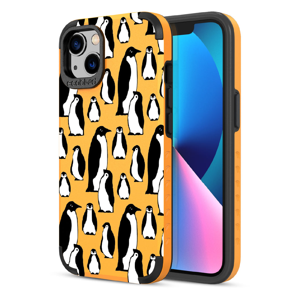 Penguins - Back Of Yellow & Eco-Friendly Rugged iPhone 13 Case & A Front View Of The Screen