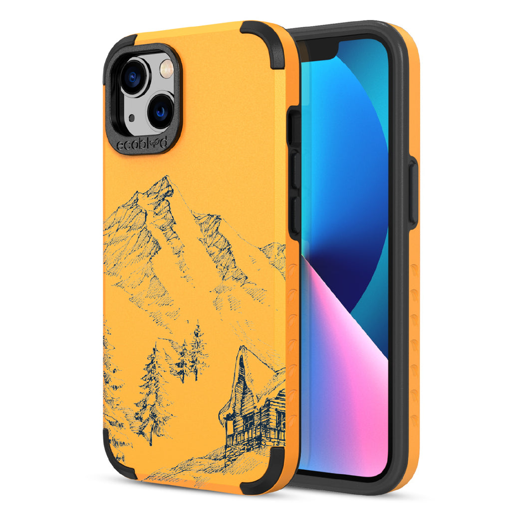 Cabin Retreat - Back Of Yellow & Eco-Friendly Rugged iPhone 13 Case & A Front View Of The Screen
