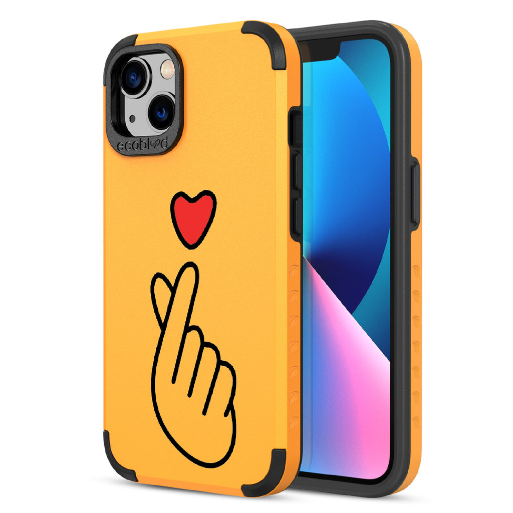 Finger Heart - Back View Of Yellow & Eco-Friendly Rugged iPhone 13 Case & A Front View Of The Screen