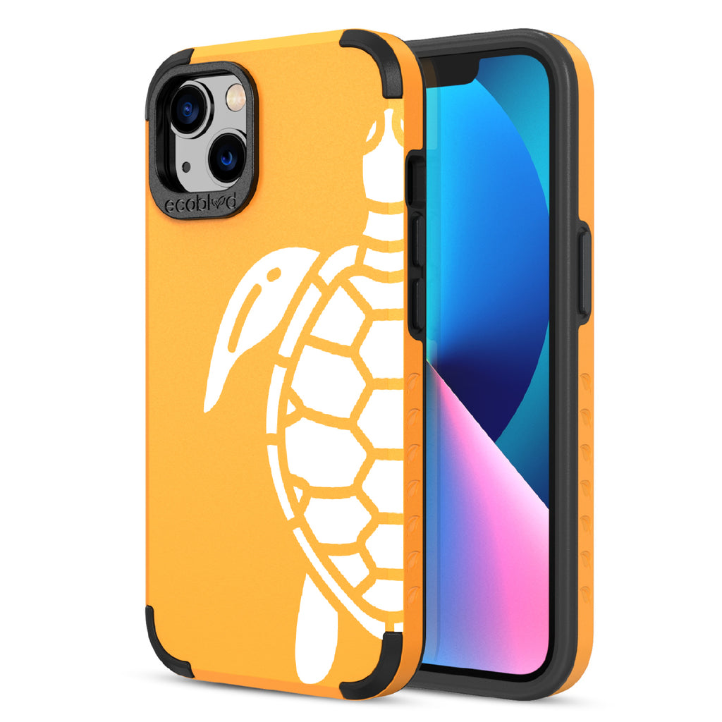 Sea Turtle - Back View Of Yellow & Eco-Friendly Rugged iPhone 13 Case & A Front View Of The Screen